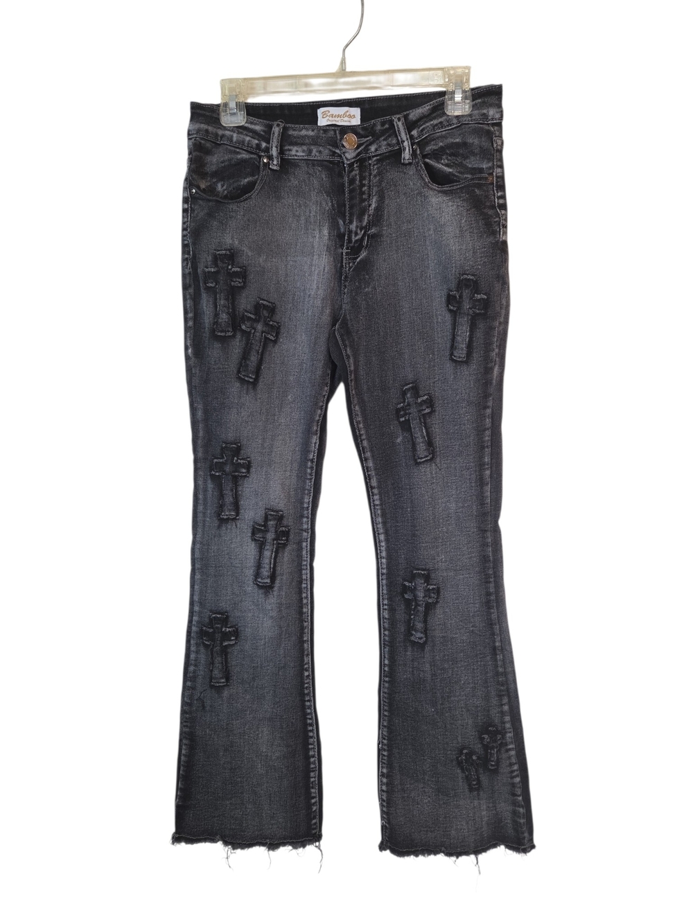 BAMBOO Women's Black Distressed Cross-Appliqué Bootcut Raw Hem Jeans Size 11